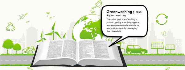 Graphic image of a dictionary overlayed on a image depicting a city laden with green symbols and the highlighting the definition of greenwashing