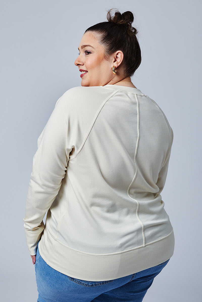 Woman wearing loungewear crewneck sweatshirt made from sustainable TENCEL and organic cotton in Undyed color -5
