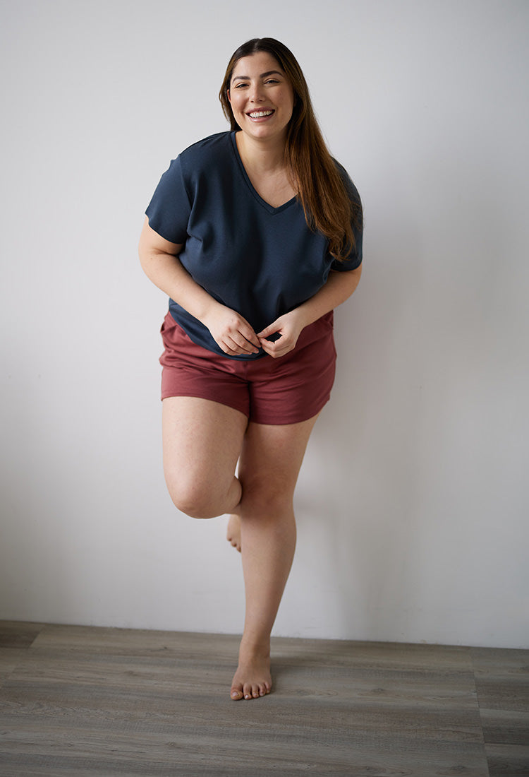 woman wearing pink tencel cotton lounge shorts 