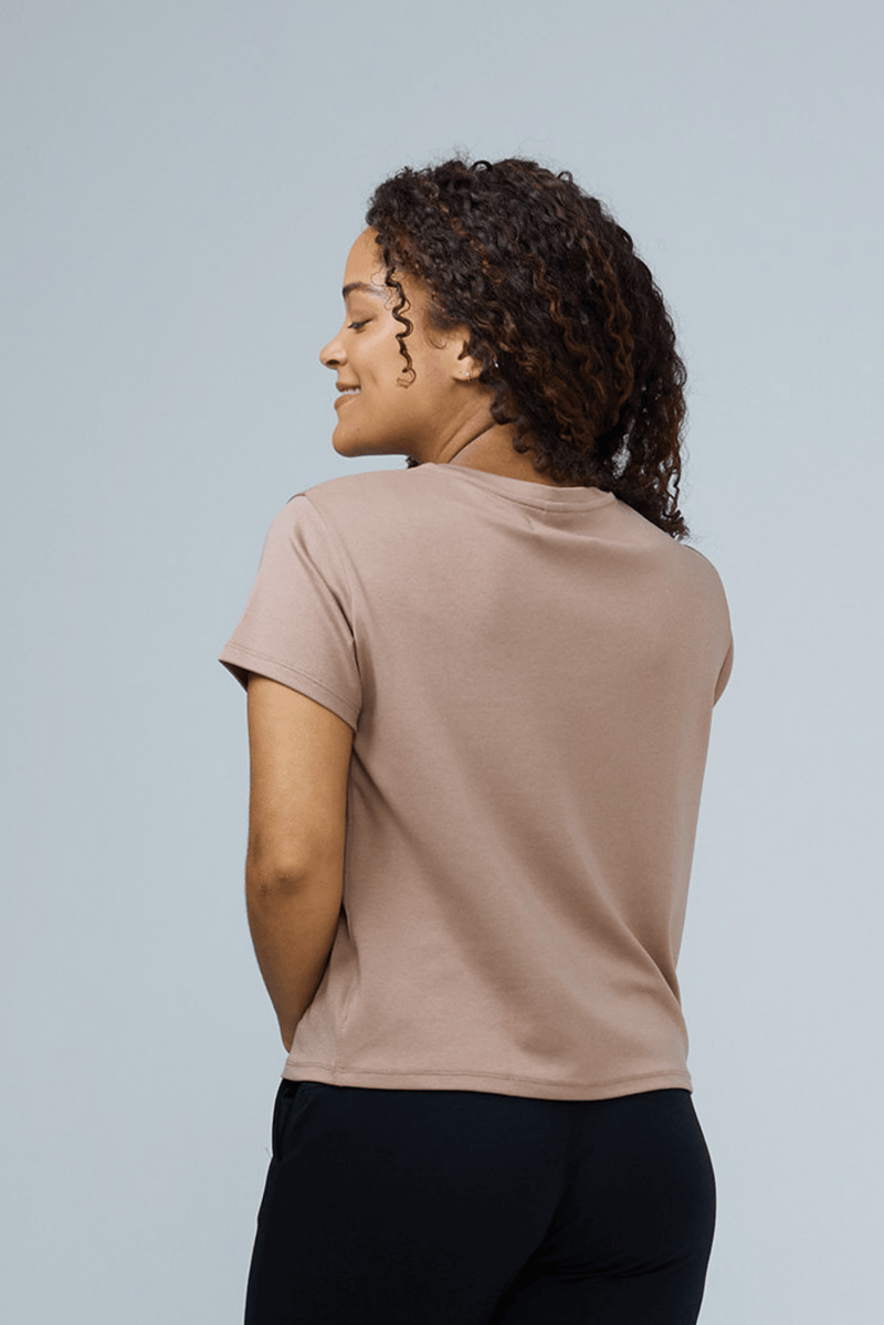 womens oversized tee v-neck sleep shirt beige back view