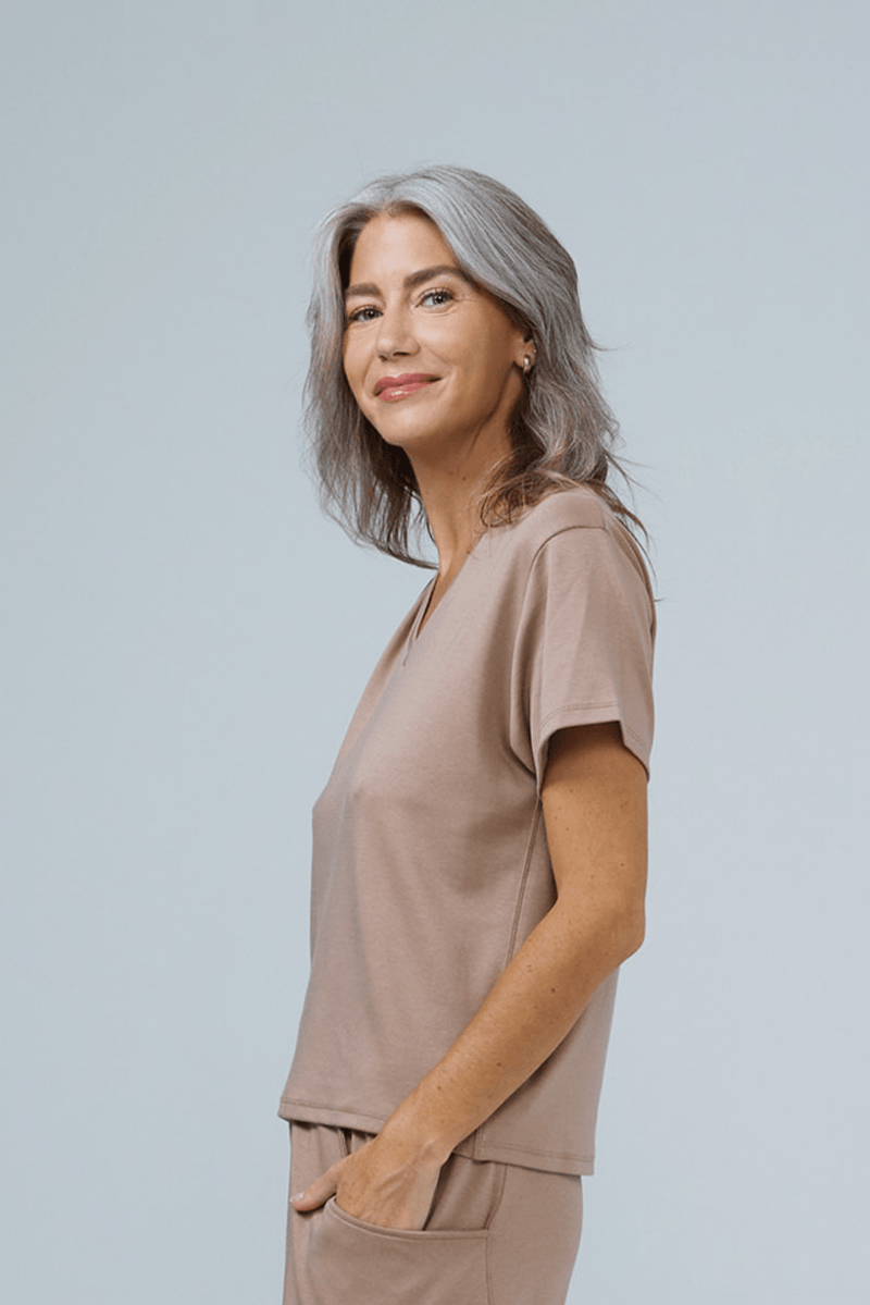 womens oversized tee v-neck sleep shirt and short beige