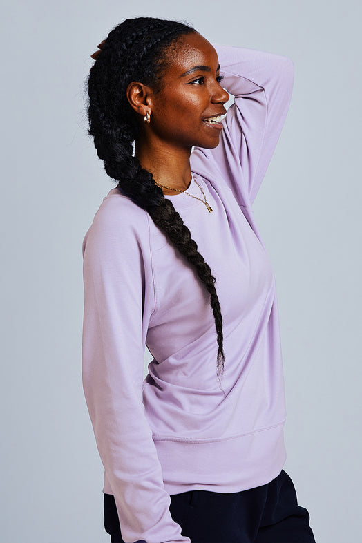 Woman wearing loungewear crewneck sweatshirt made from sustainable TENCEL and organic cotton in Digital Lavender - 6