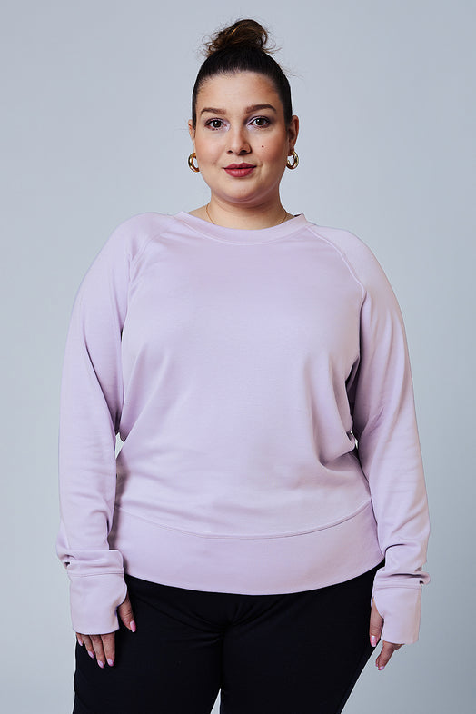 Woman wearing loungewear crewneck sweatshirt made from sustainable TENCEL and organic cotton in Digital Lavender - 2