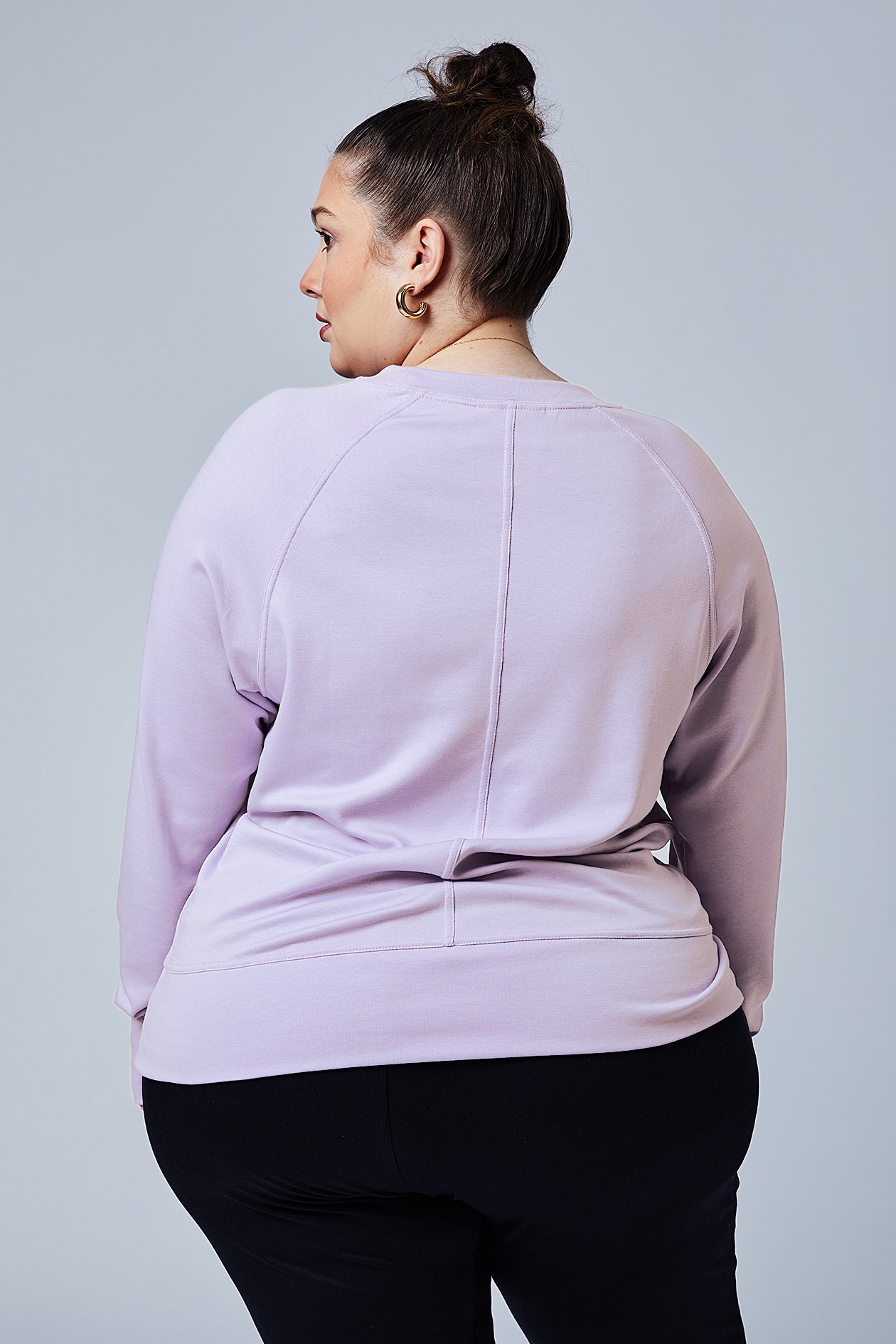 Woman wearing loungewear crewneck sweatshirt made from sustainable TENCEL and organic cotton in Digital Lavender - 3